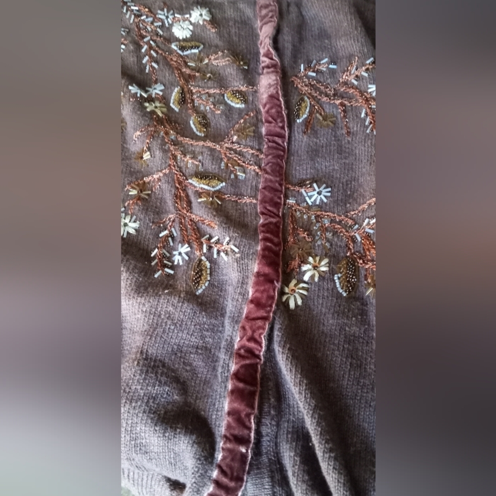 TIARA International Rich Brown Beads Embroidery Velvet Facing Cardigan-Size: M - Picture 7 of 15